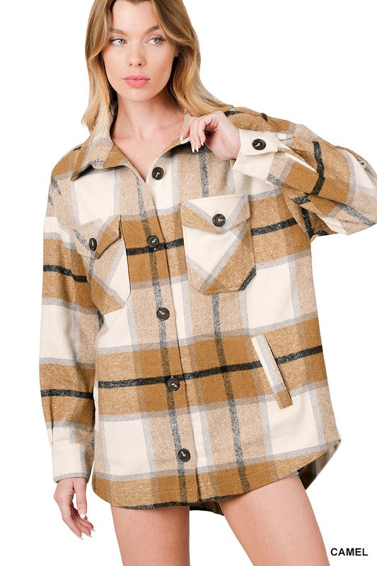 Oversized Yarn Dyed Plaid Shacket in Black or Camel