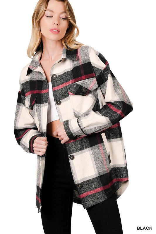 Oversized Yarn Dyed Plaid Shacket in Black or Camel