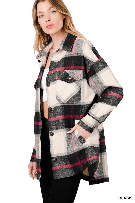 Oversized Yarn Dyed Plaid Shacket in Black or Camel