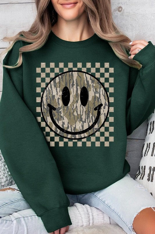 Retro Camo Smiley Face Graphic Fleece Sweatshirts