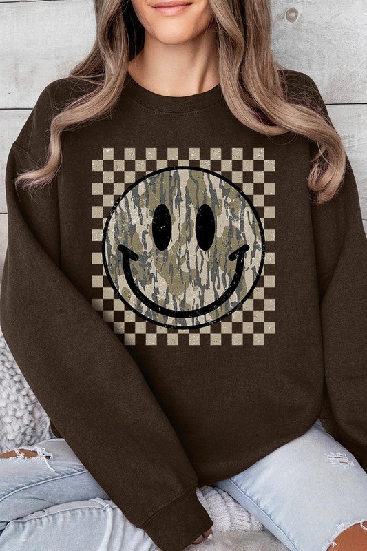 Retro Camo Smiley Face Graphic Fleece Sweatshirts