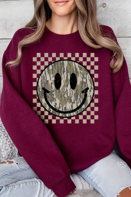 Retro Camo Smiley Face Graphic Fleece Sweatshirts