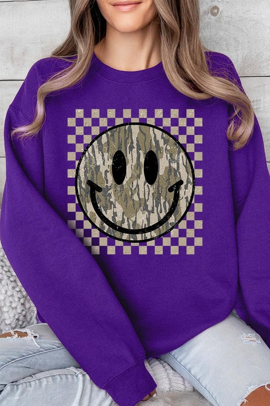 Retro Camo Smiley Face Graphic Fleece Sweatshirts