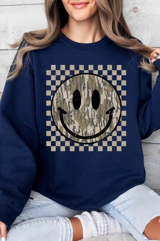 Retro Camo Smiley Face Graphic Fleece Sweatshirts