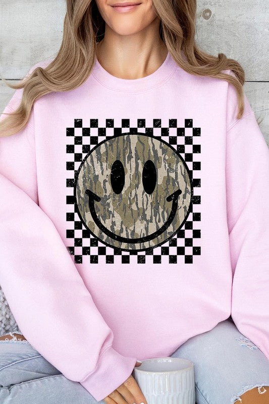Retro Camo Smiley Face Graphic Fleece Sweatshirts