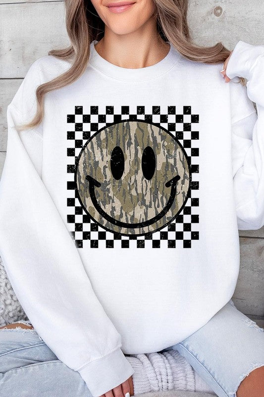 Retro Camo Smiley Face Graphic Fleece Sweatshirts