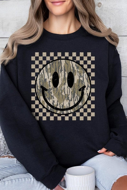 Retro Camo Smiley Face Graphic Fleece Sweatshirts