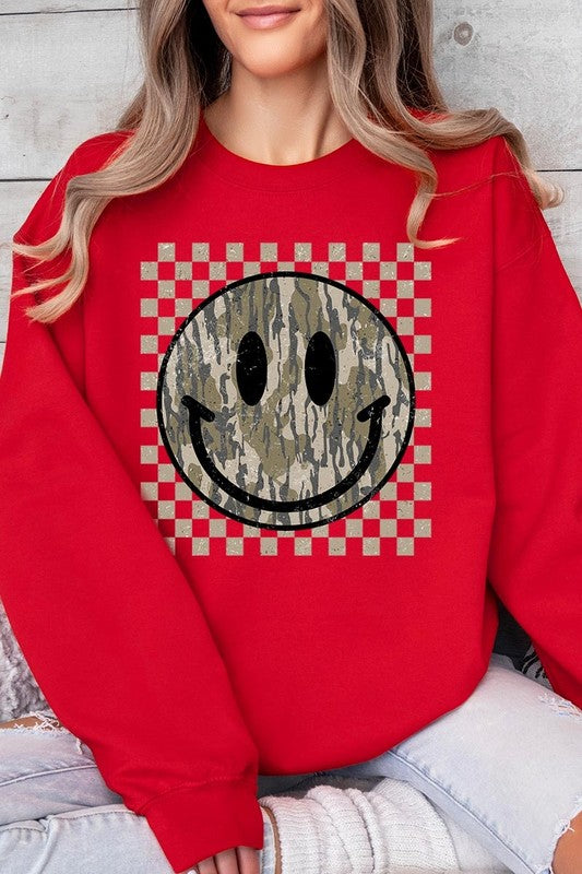 Retro Camo Smiley Face Graphic Fleece Sweatshirts