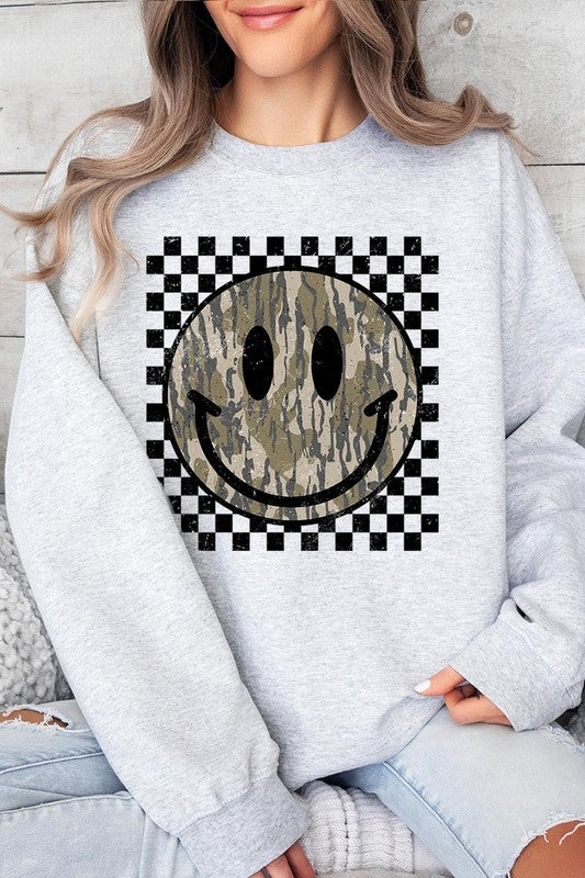 Retro Camo Smiley Face Graphic Fleece Sweatshirts