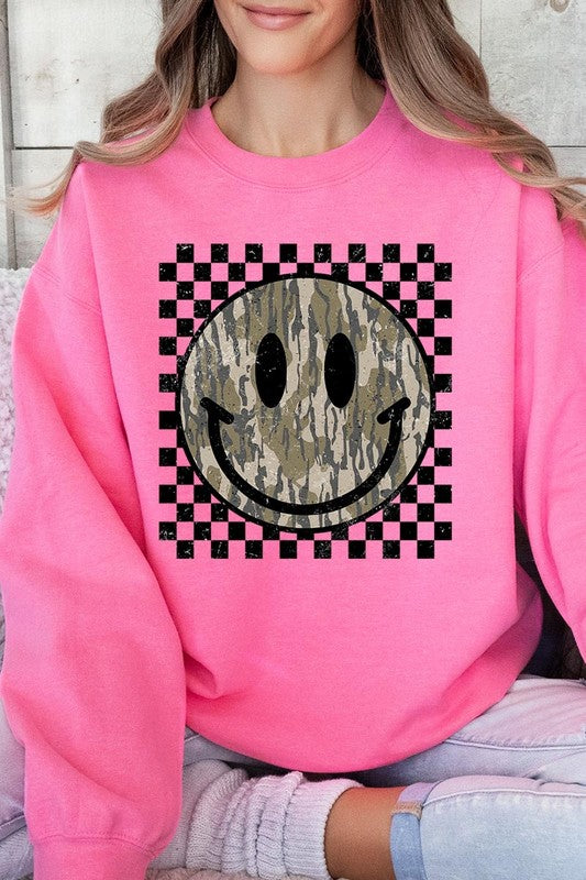 Retro Camo Smiley Face Graphic Fleece Sweatshirts