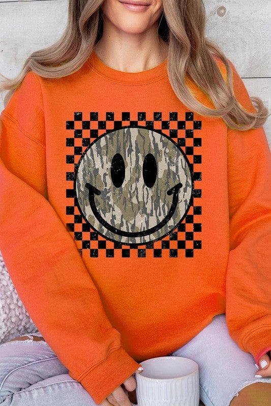 Retro Camo Smiley Face Graphic Fleece Sweatshirts