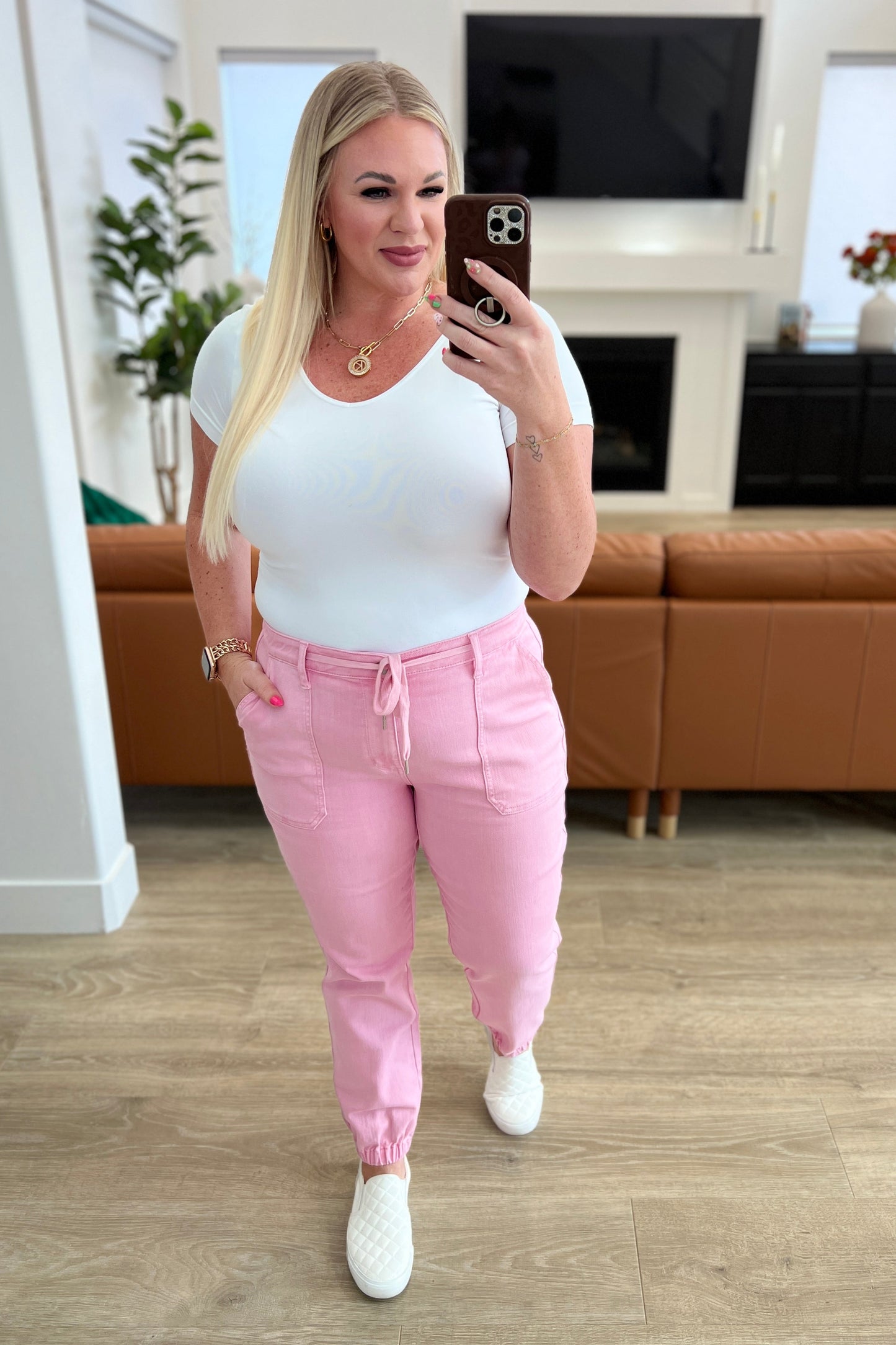 Regina High Rise Pink Garment Dyed Denim Jogger