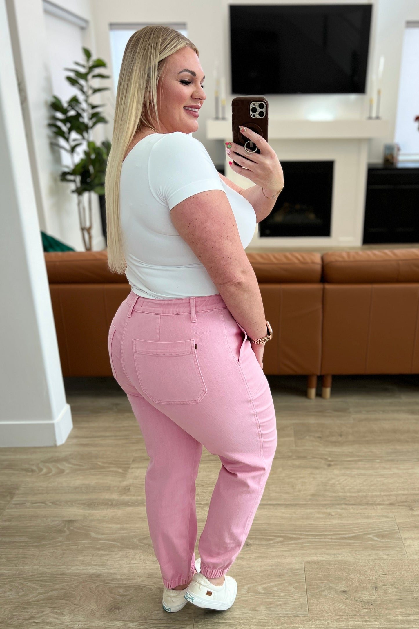 Regina High Rise Pink Garment Dyed Denim Jogger