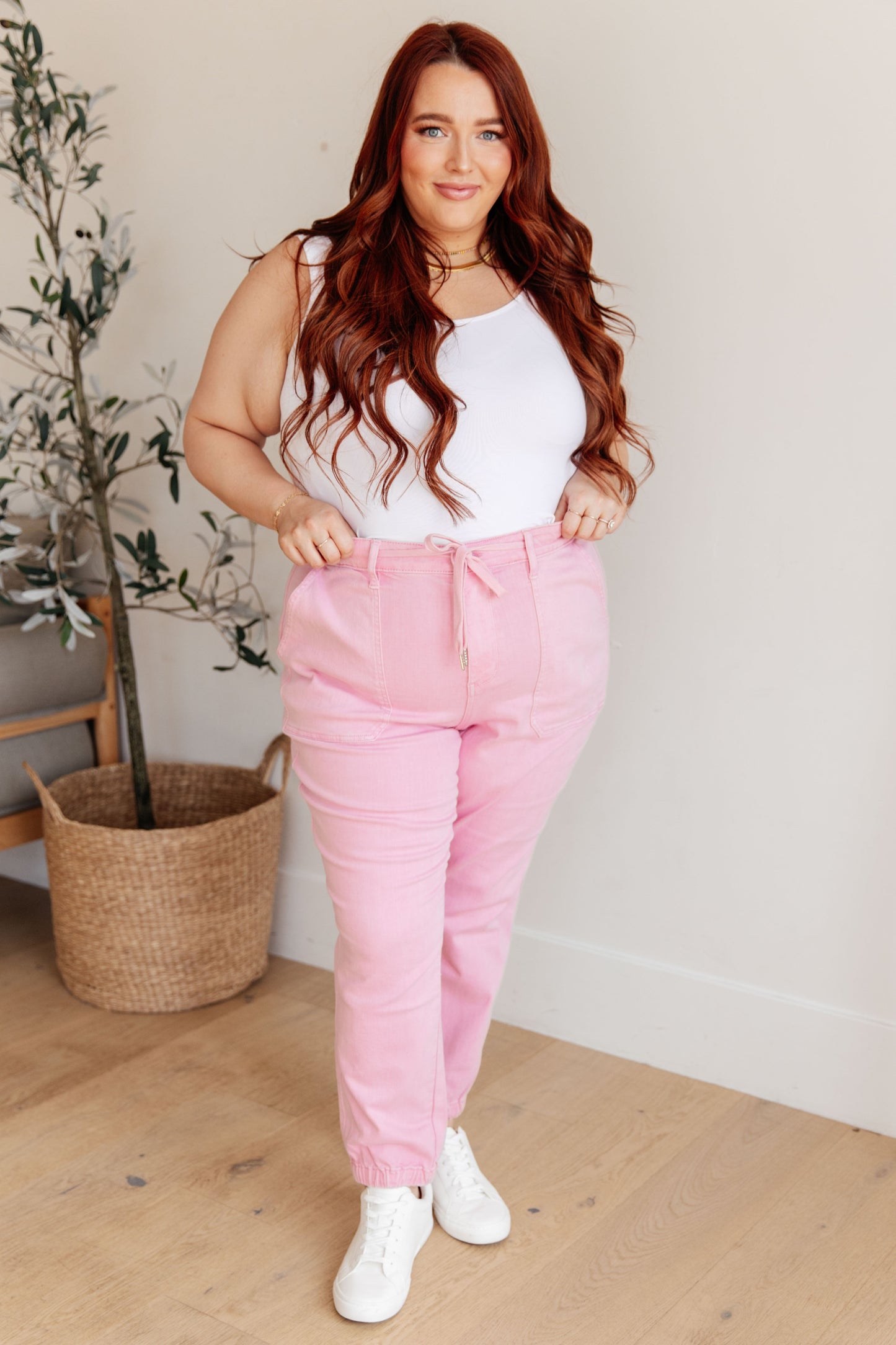 Regina High Rise Pink Garment Dyed Denim Jogger