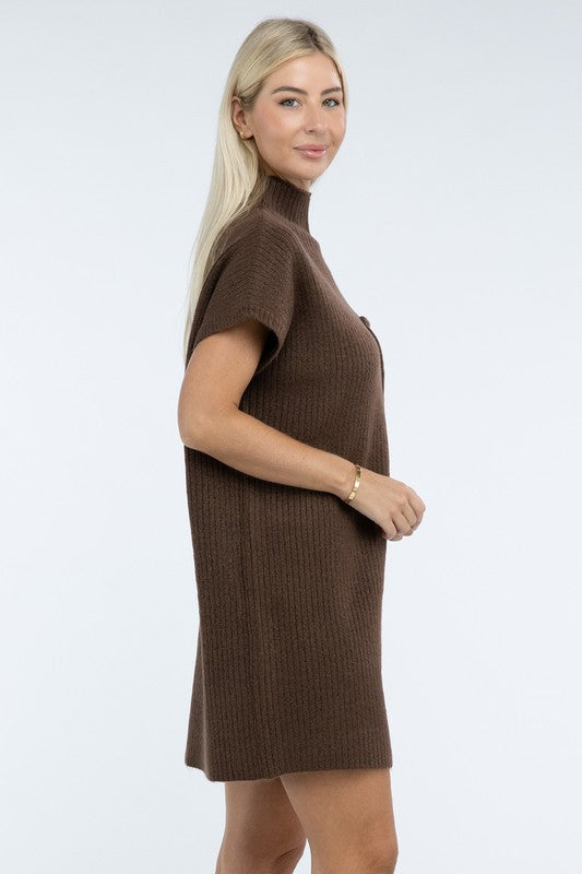 Mock Neck Short Sleeve Sweater Dress with Pocket in 6 Colors