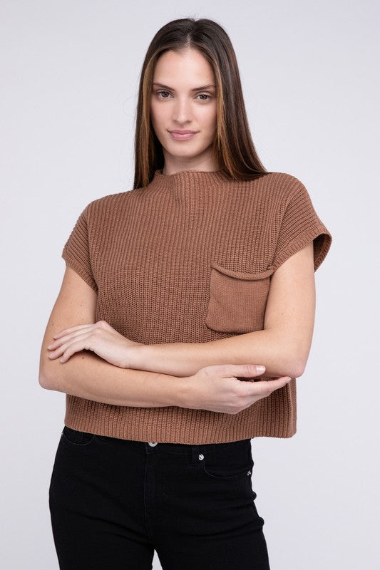 Mock Neck Short Sleeve Cropped Sweater in Mocha or Camel