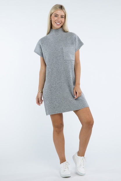 Mock Neck Short Sleeve Sweater Dress with Pocket in 6 Colors