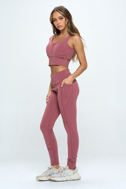 Zip Up Crop Sports Tank Top & Legings Set in 5 Colors