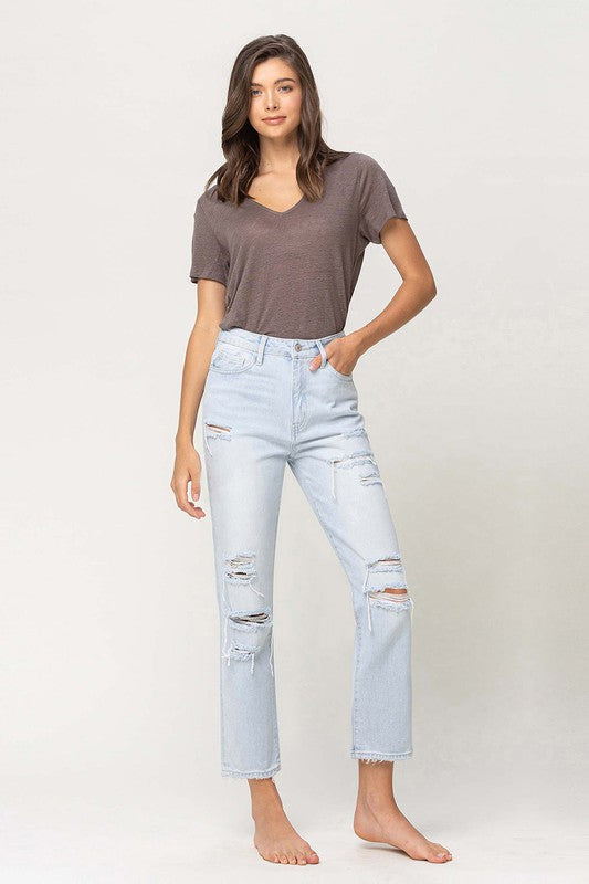 Super High Rise Distressed Crop Straight Jeans from Vervet