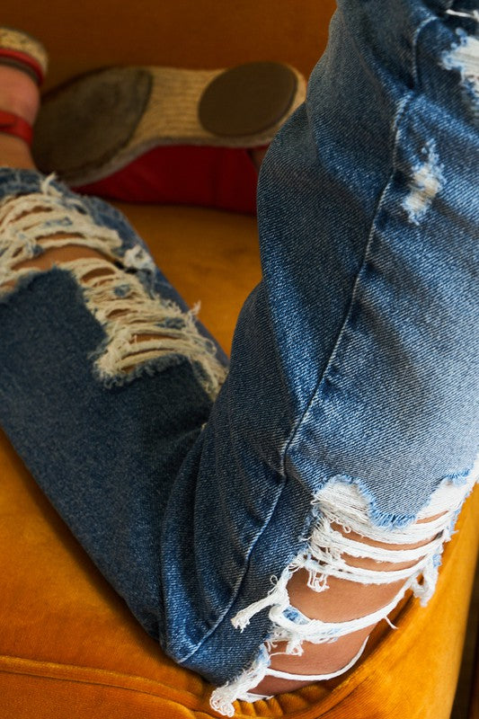 Super High Rise Tattered Ankle Straight Leg Jeans