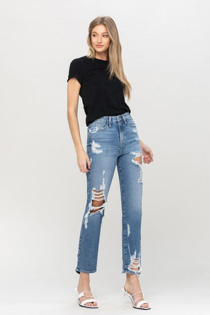 Super High Rise Tattered Ankle Straight Leg Jeans