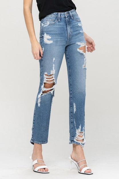 Super High Rise Tattered Ankle Straight Leg Jeans