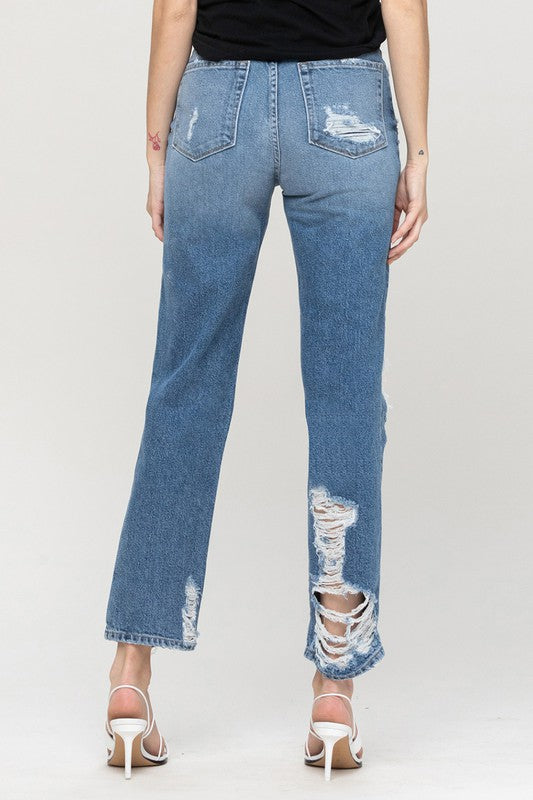 Super High Rise Tattered Ankle Straight Leg Jeans