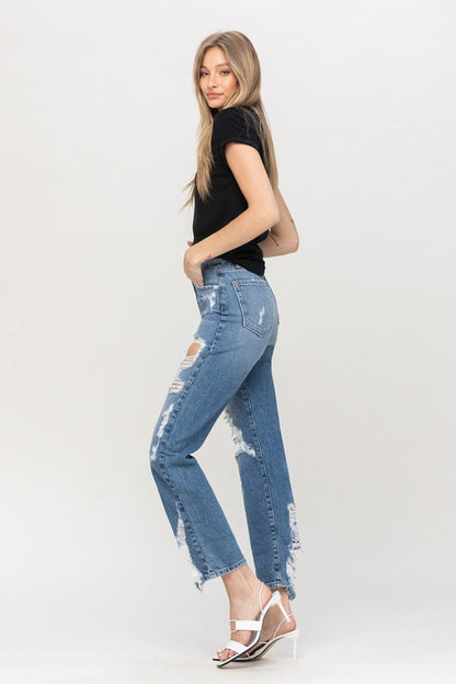 Super High Rise Tattered Ankle Straight Leg Jeans