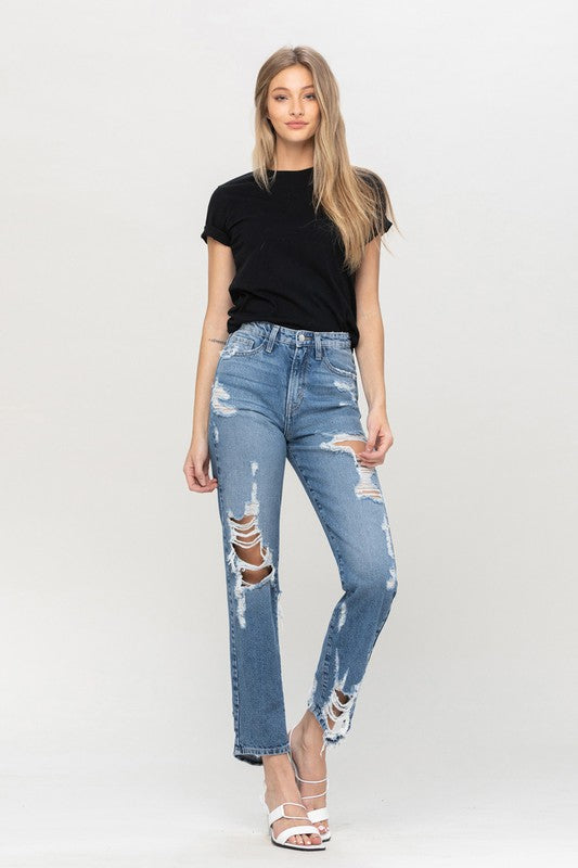 Super High Rise Tattered Ankle Straight Leg Jeans