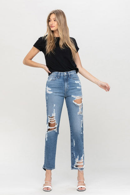 Super High Rise Tattered Ankle Straight Leg Jeans