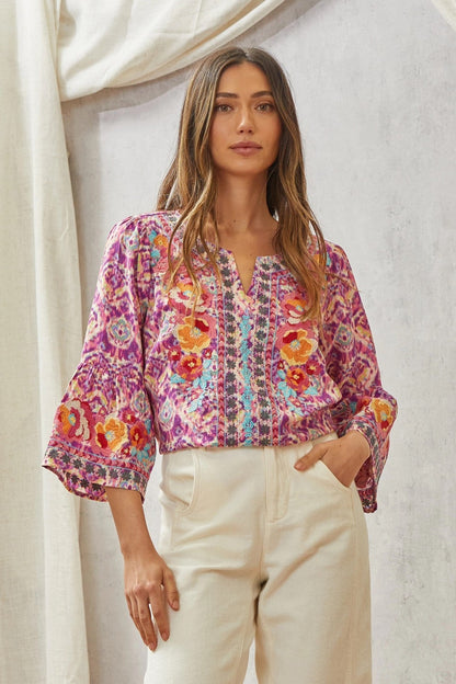 Boho Print Embroidery Tunic Top