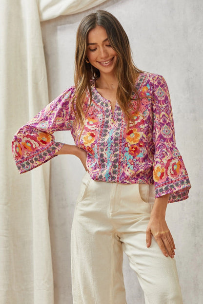 Boho Print Embroidery Tunic Top