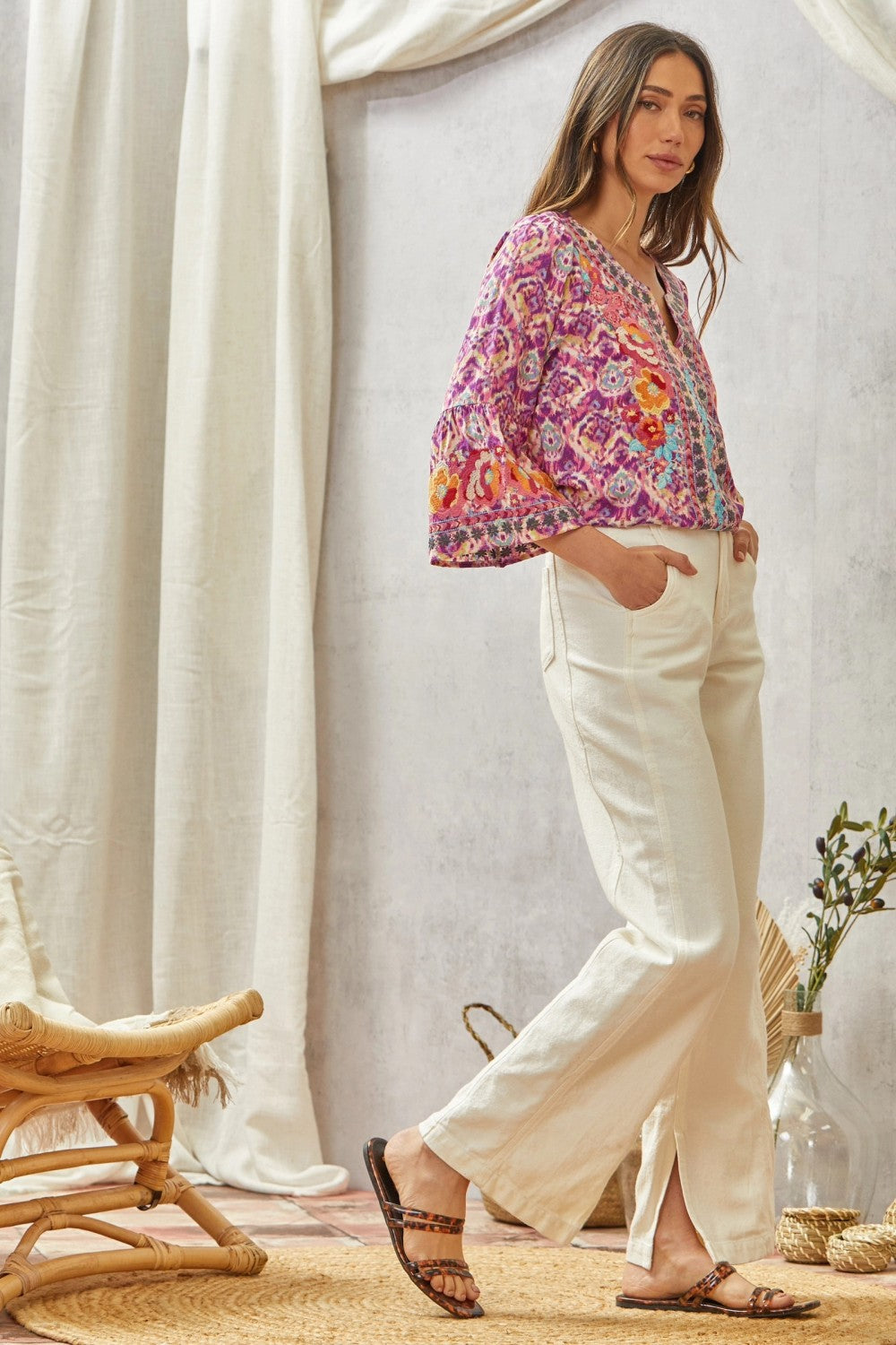 Boho Print Embroidery Tunic Top