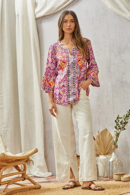 Boho Print Embroidery Tunic Top