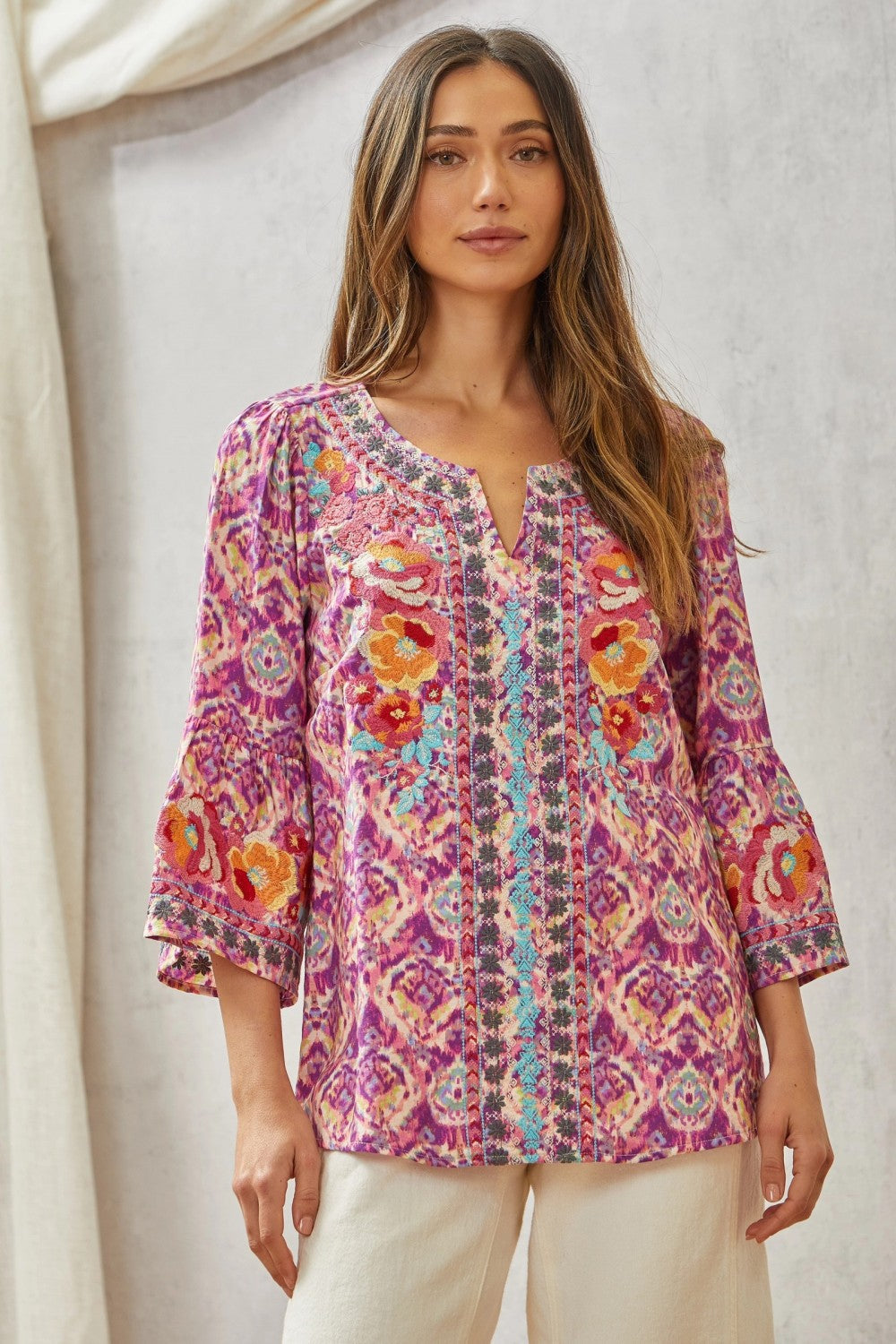 Boho Print Embroidery Tunic Top