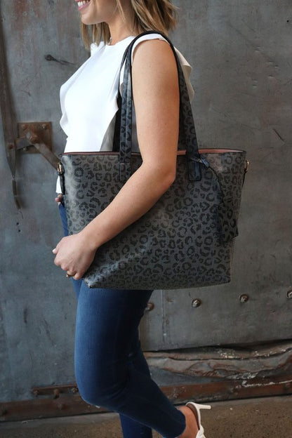 Jane Perforated Leather Large Tote in Brown, Camo or Cheetah