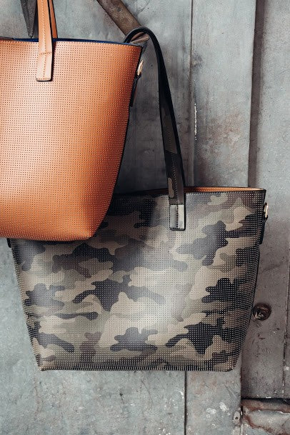 Jane Perforated Leather Large Tote in Brown, Camo or Cheetah