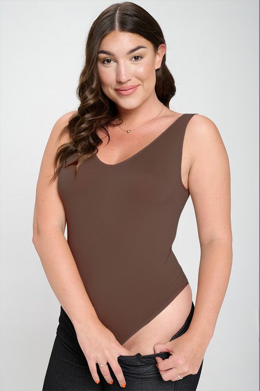 Plus Size Reversible V-Neck Basic Tank Top Thong Bodysuit in 12 colors