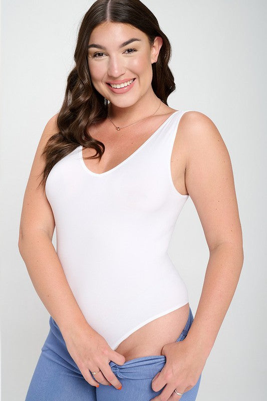 Plus Size Reversible V-Neck Basic Tank Top Thong Bodysuit in 12 colors