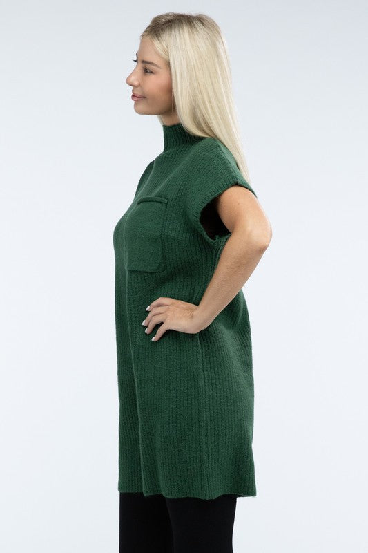 Mock Neck Short Sleeve Sweater Dress with Pocket in 6 Colors