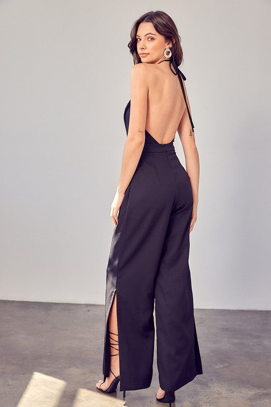 Deep V-Neck Wide Leg Jumpsuit