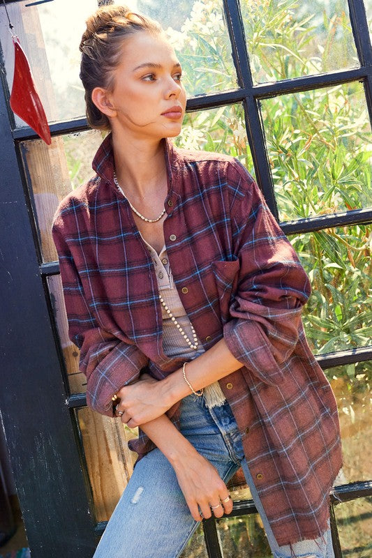 Kayla Button Down Faded Flannel Shirt in 5 Colors