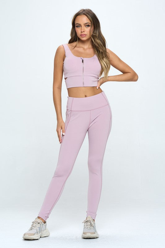 Zip Up Crop Sports Tank Top & Legings Set in 5 Colors