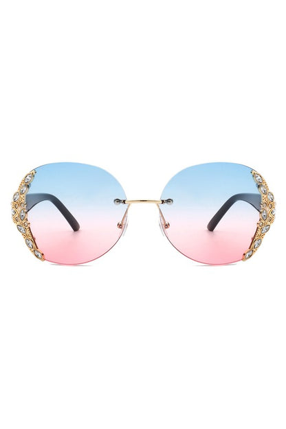 Women Rimless Round Rhinestone Oversize Sunglasses