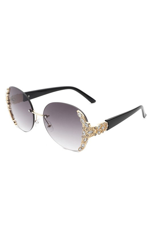 Women Rimless Round Rhinestone Oversize Sunglasses