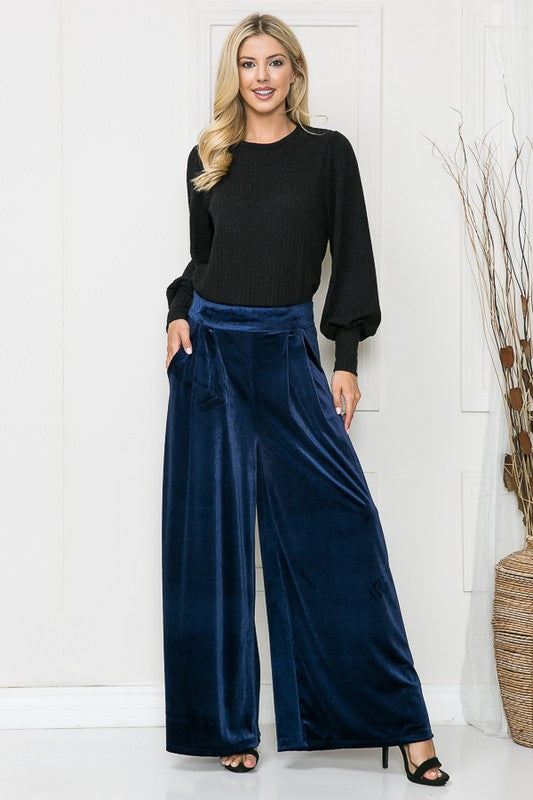 Velvet Wide Leg Pants in Royal Blue