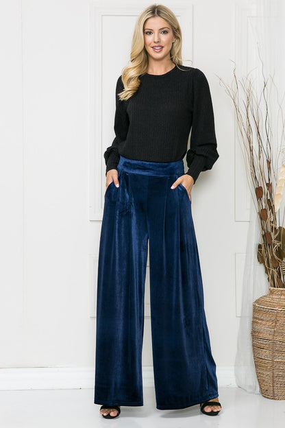 Velvet Wide Leg Pants in Royal Blue