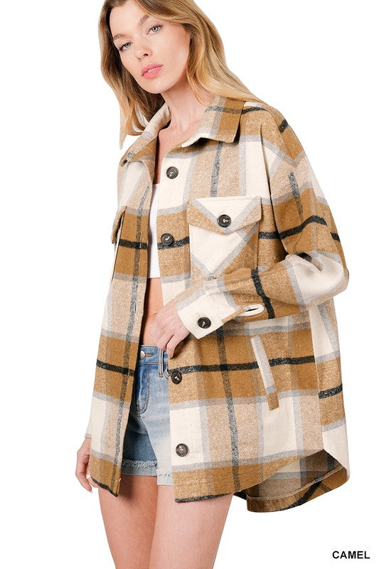 Oversized Yarn Dyed Plaid Shacket in Black or Camel