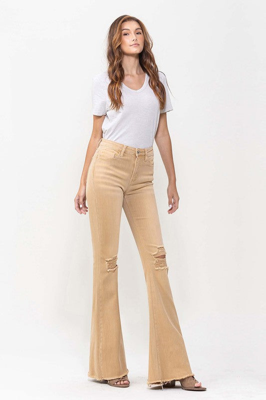 Khaki High Rise Flare Jeans from Vervet