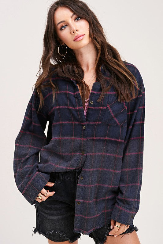 Kayla Button Down Faded Flannel Shirt in 5 Colors